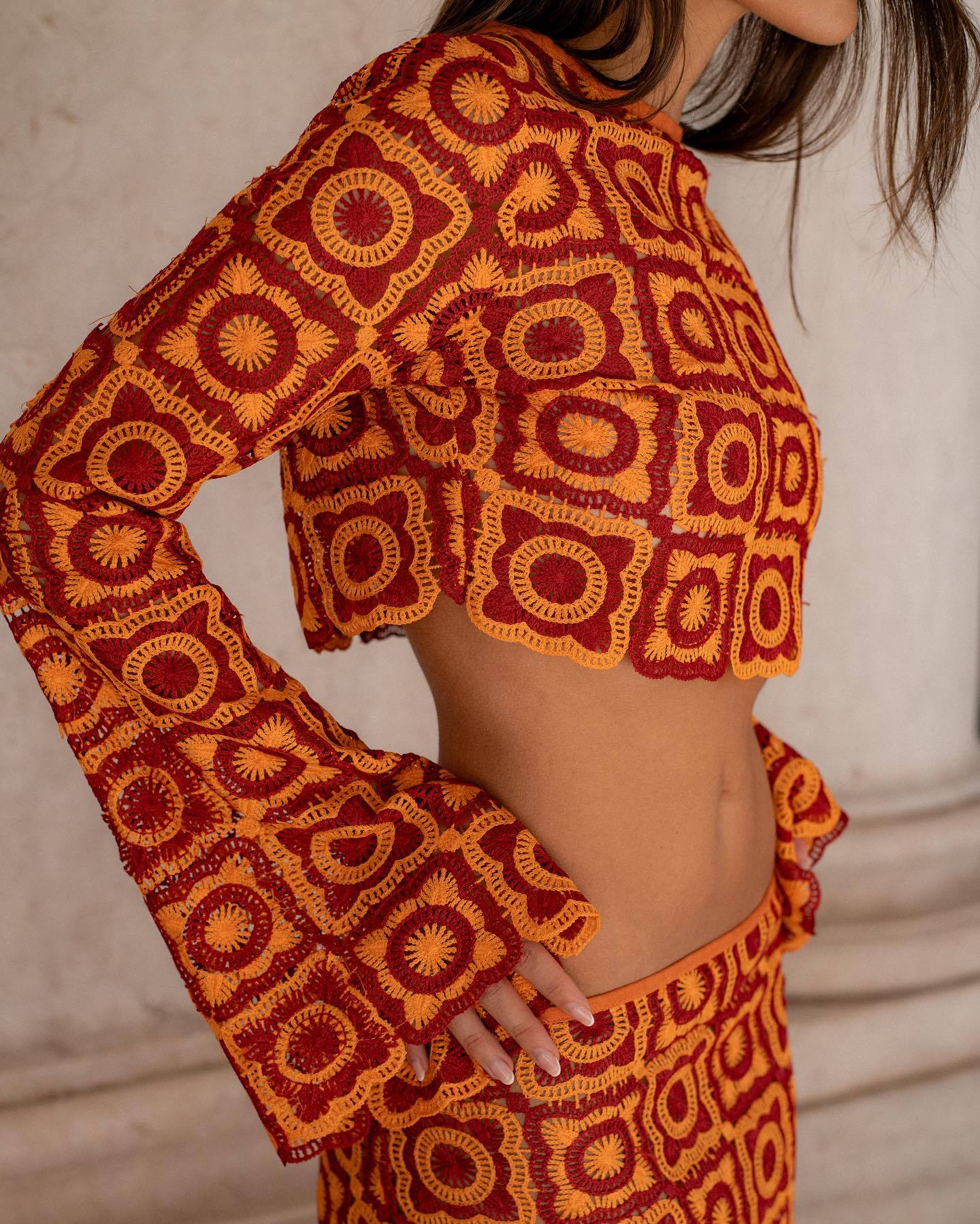 Orange Crochet Two-Piece Beach Set with Flared Sleeves