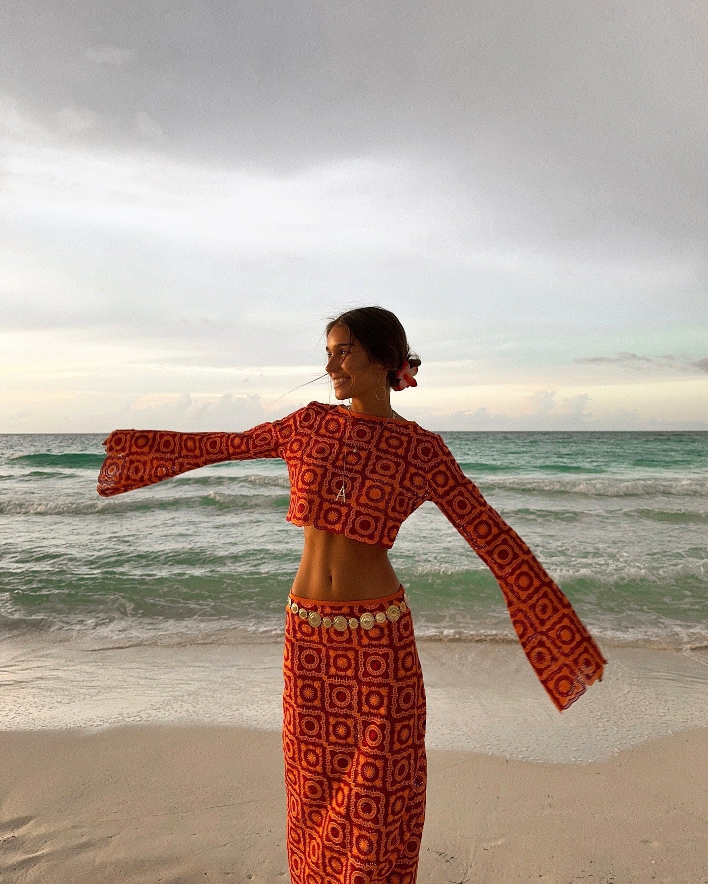 Orange Crochet Two-Piece Beach Set with Flared Sleeves
