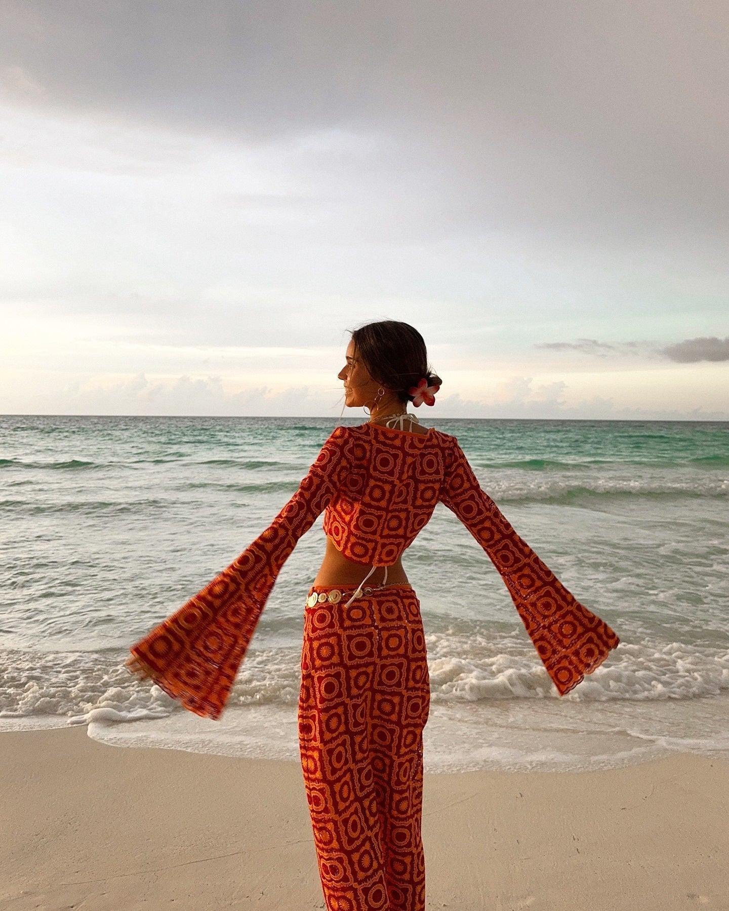 Orange Crochet Two-Piece Beach Set with Flared Sleeves