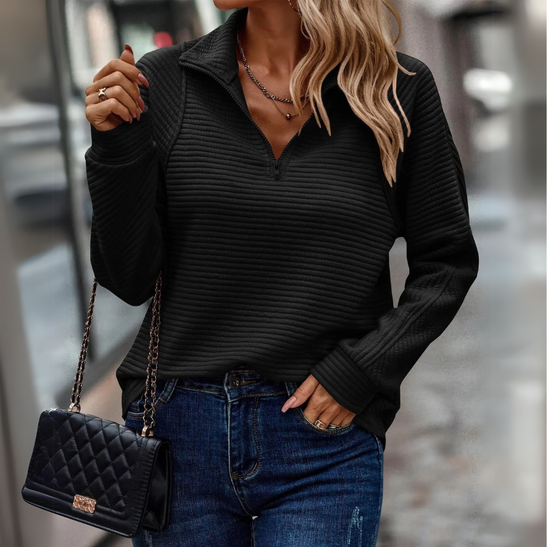 Ribbed Half Zip Pullover with Stand Collar
