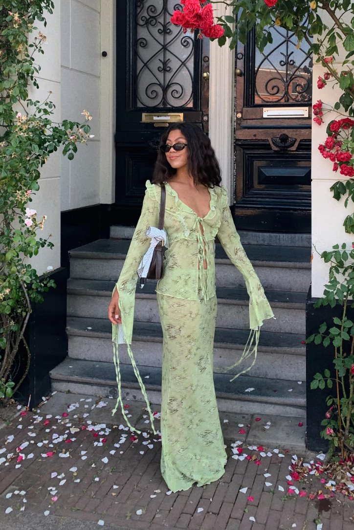 Floral Lace Tie-Front Sheer Maxi Dress