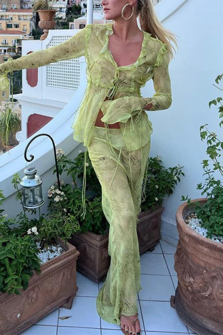 Floral Lace Tie-Front Sheer Maxi Dress