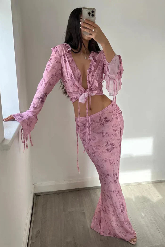 Floral Lace Tie-Front Sheer Maxi Dress