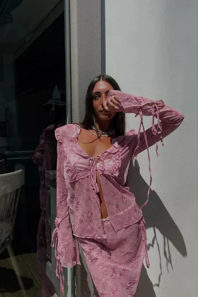 Floral Lace Tie-Front Sheer Maxi Dress