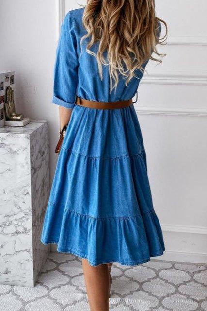 Button Front Denim Shirt Dress with Belted Waist and Tiered Skirt
