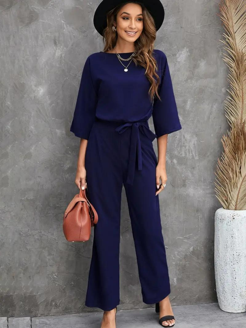 Elegant Long Sleeve Belted Wide-Leg Jumpsuit for Women