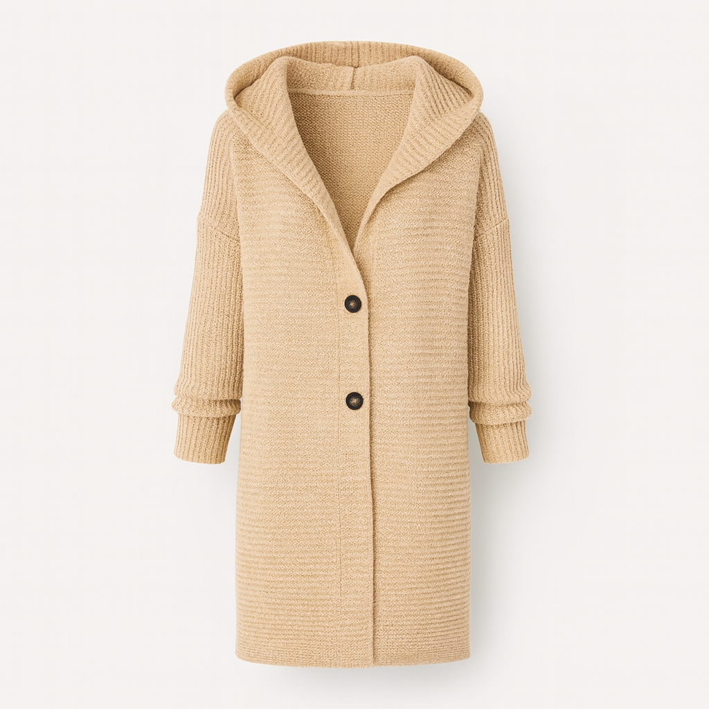 Hooded Knit Cardigan Coat with Front Buttons