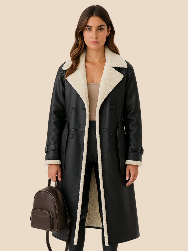 Long Faux Shearling Lined Leather Coat
