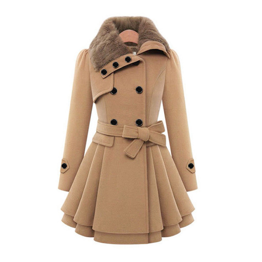 Women’s Elegant Wool Blend Flared Coat with Fur Collar