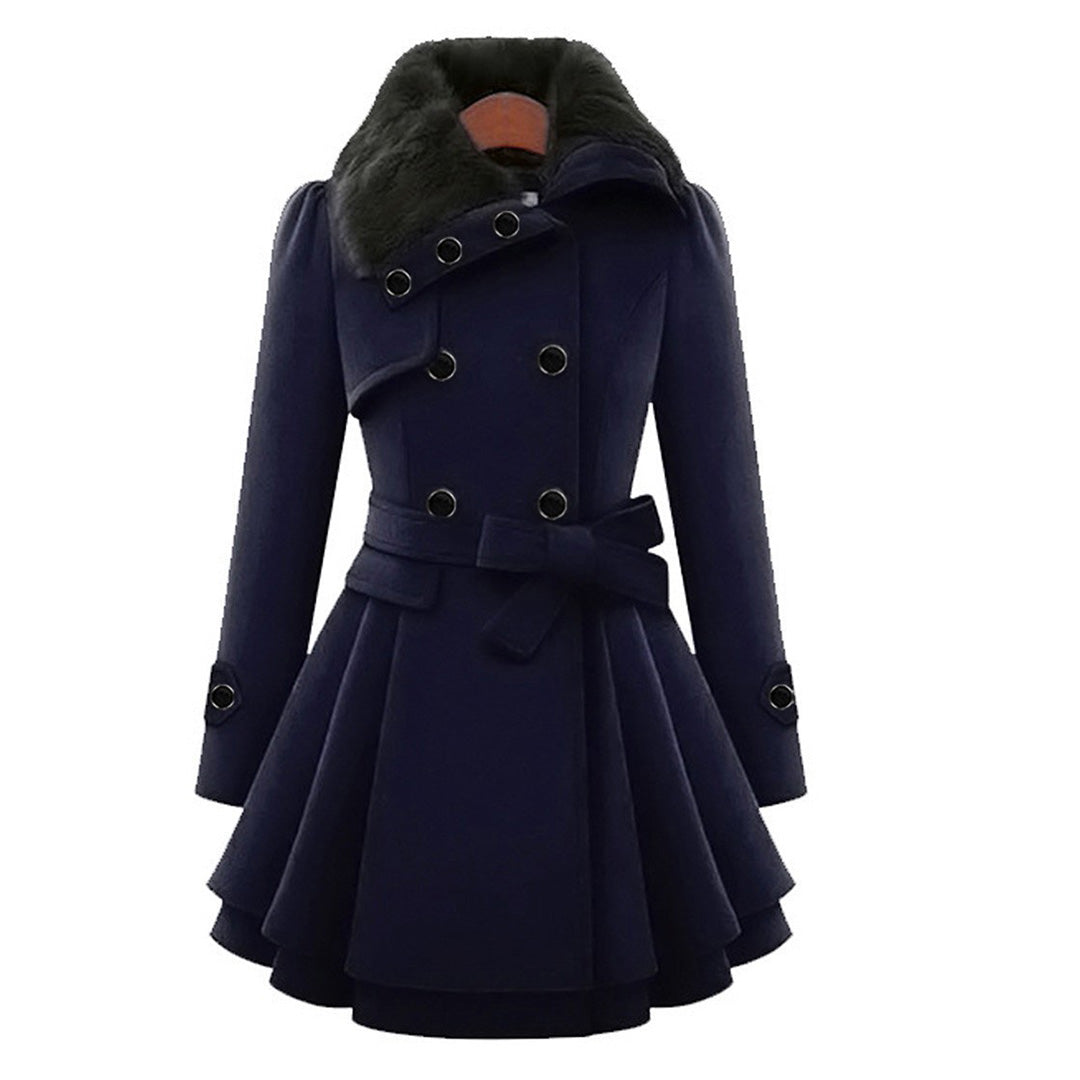 Women’s Elegant Wool Blend Flared Coat with Fur Collar