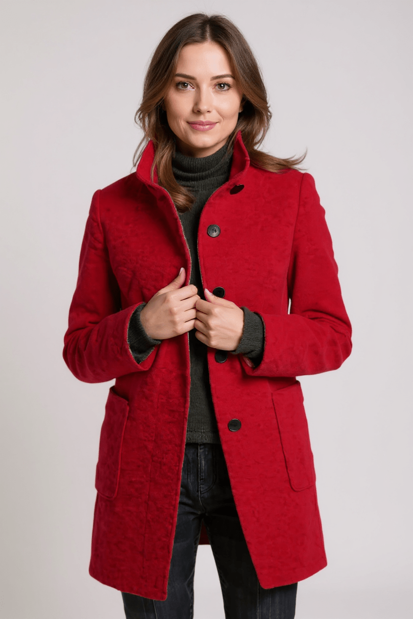 Tailored Wool Blend Coat with Stand Collar and Button Front