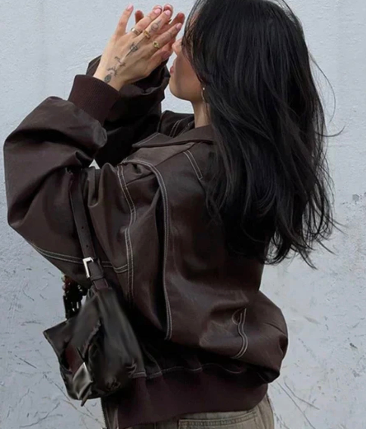 Oversized Faux Leather Bomber Jacket for Women