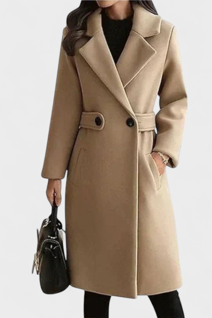 Tailored Wool Blend Coat with Belted Waist and Notched Lapel