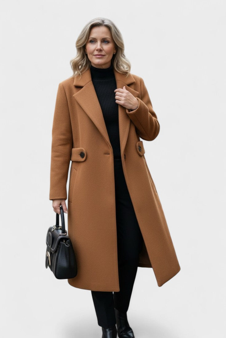 Tailored Wool Blend Coat with Belted Waist and Notched Lapel