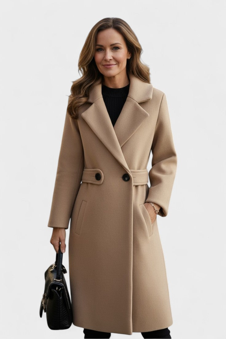 Tailored Wool Blend Coat with Belted Waist and Notched Lapel