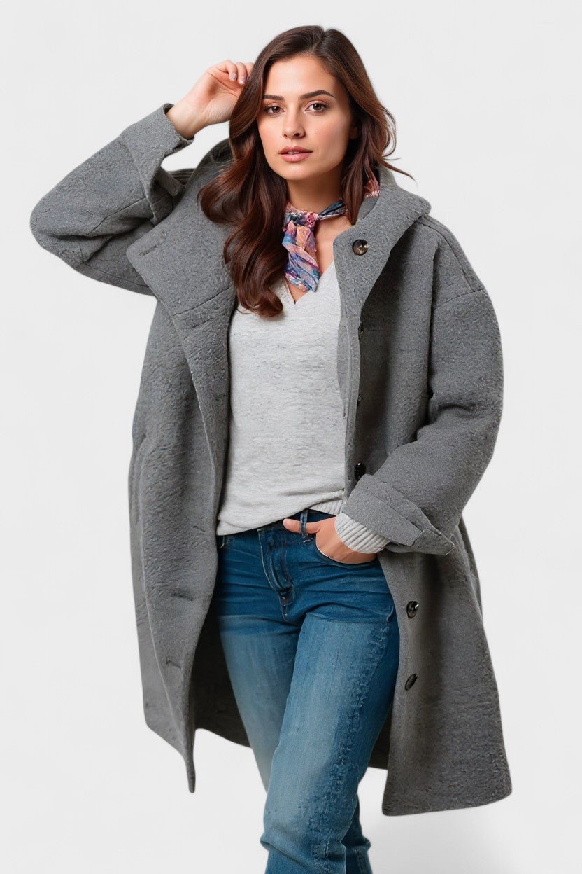 Button Front Hooded Mid-Length Winter Coat