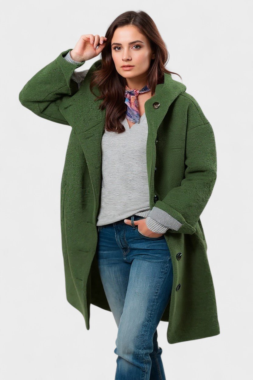 Button Front Hooded Mid-Length Winter Coat