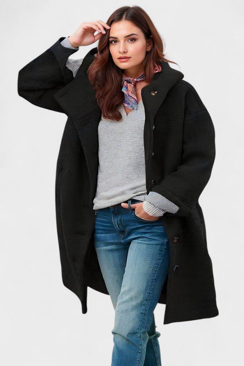 Button Front Hooded Mid-Length Winter Coat