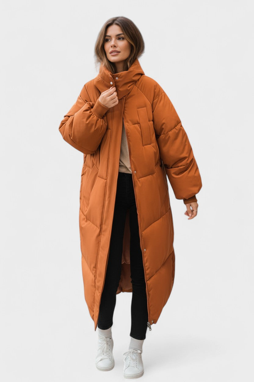 Longline Insulated Puffer Coat with Hood and Snap Button Closure