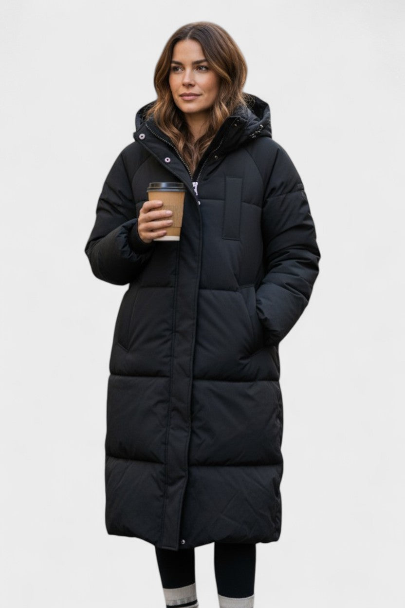 Longline Insulated Puffer Coat with Hood and Snap Button Closure