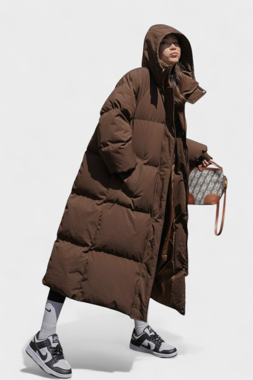 Longline Insulated Puffer Coat with Hood and Snap Button Closure