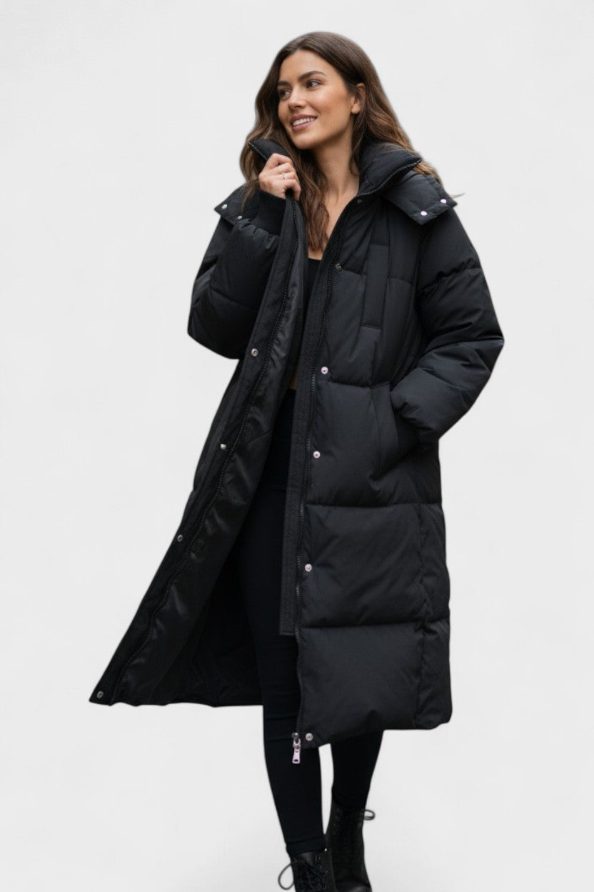 Longline Insulated Puffer Coat with Hood and Snap Button Closure