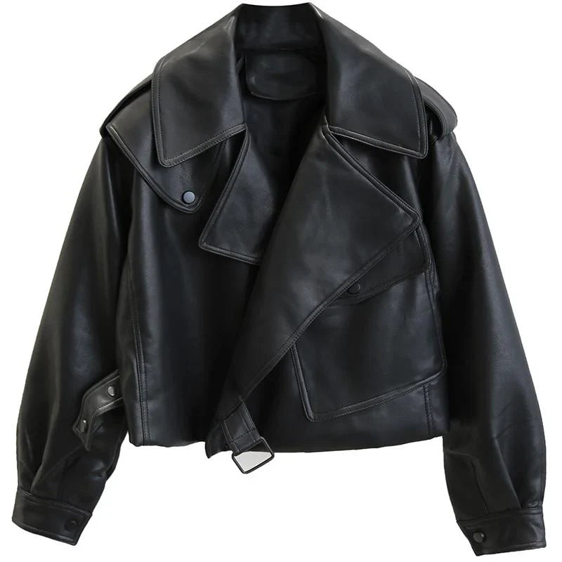 Trendy Faux Leather Cropped Biker Jacket with Wide Lapel