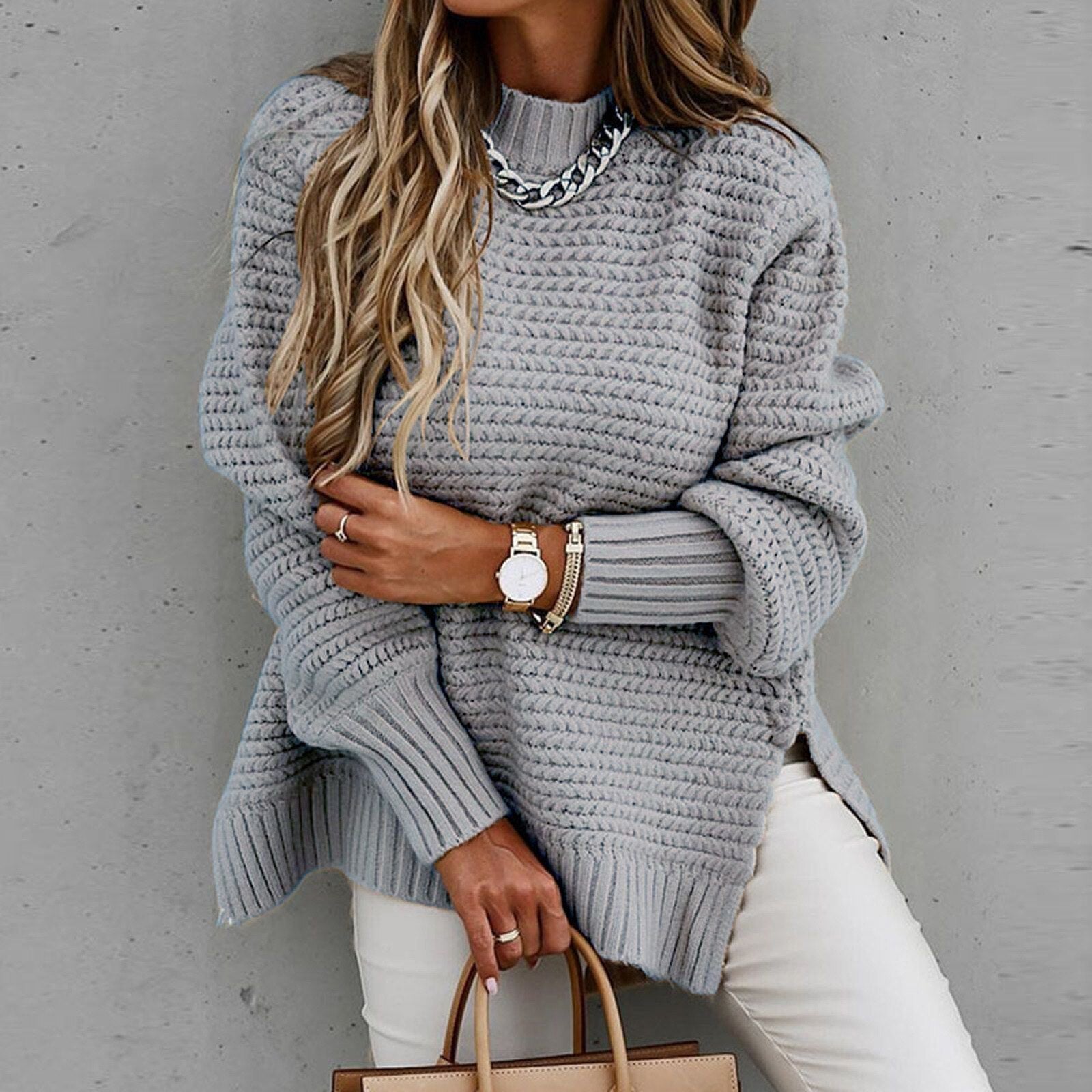 Chunky Knit Oversized Sweater – Cozy High-Neck Tunic for Effortless Everyday Style