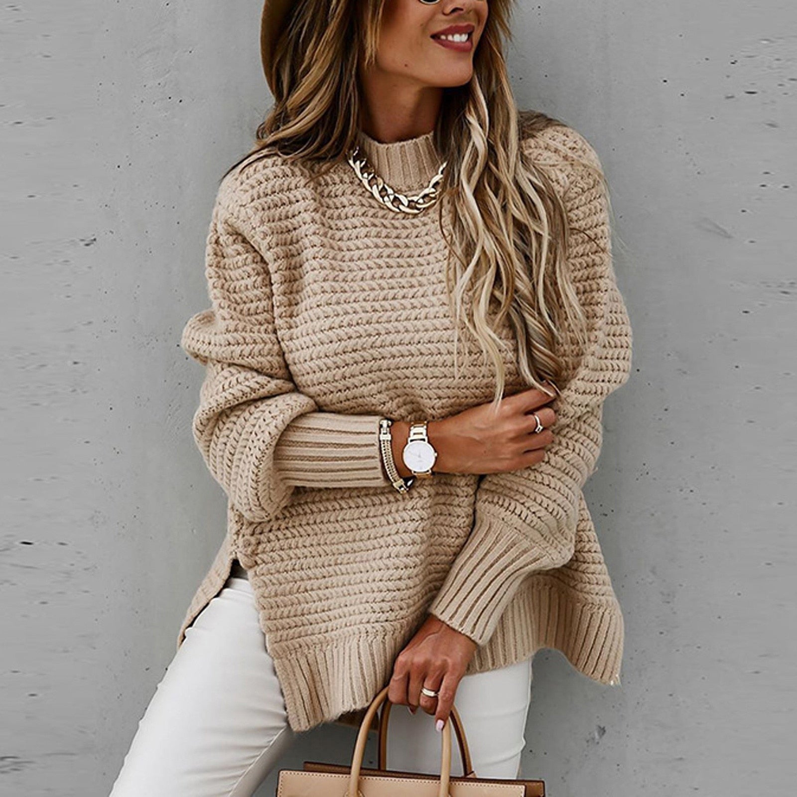 Chunky Knit Oversized Sweater – Cozy High-Neck Tunic for Effortless Everyday Style