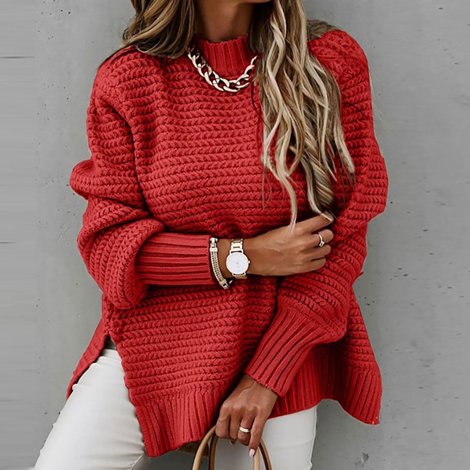 Chunky Knit Oversized Sweater – Cozy High-Neck Tunic for Effortless Everyday Style