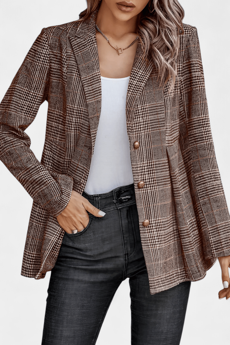 Tailored Plaid Blazer with Button Front and Structured Fit