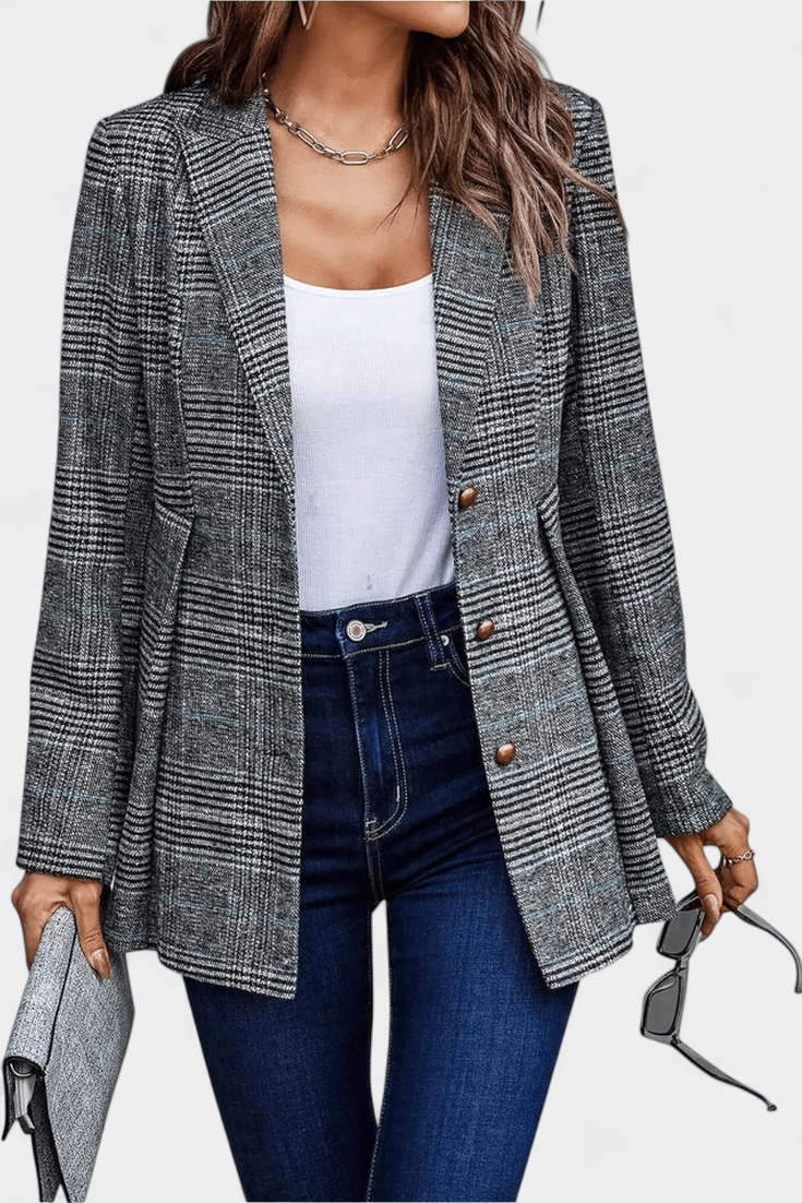 Tailored Plaid Blazer with Button Front and Structured Fit
