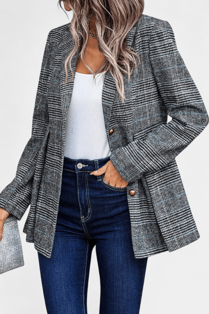 Tailored Plaid Blazer with Button Front and Structured Fit
