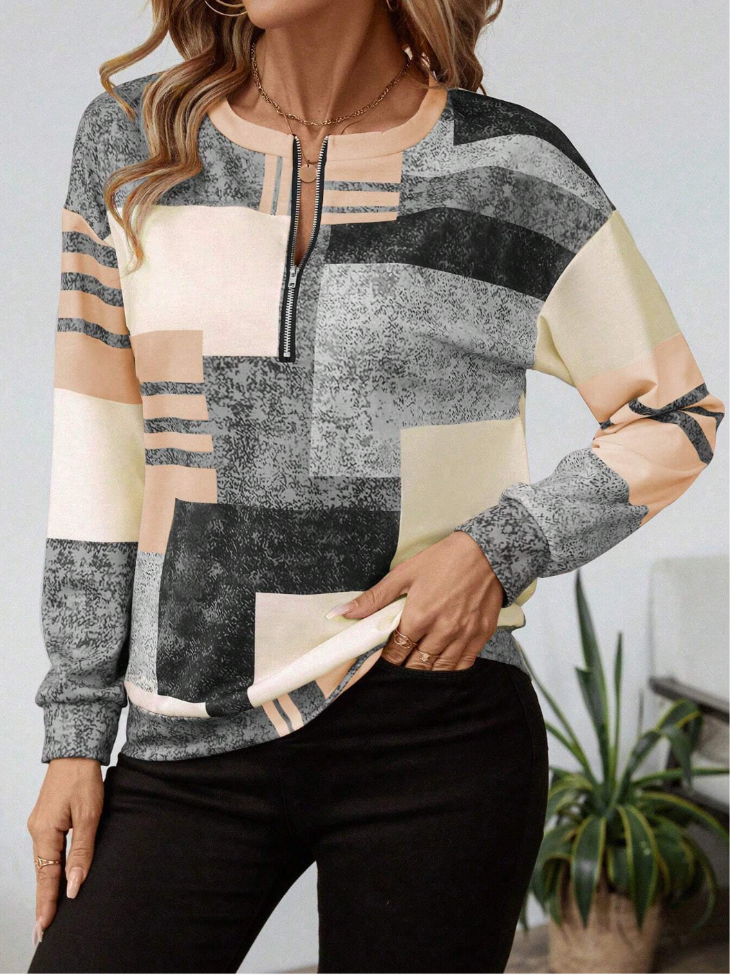 Abstract Print Zip Neck Top for Modern Everyday Style