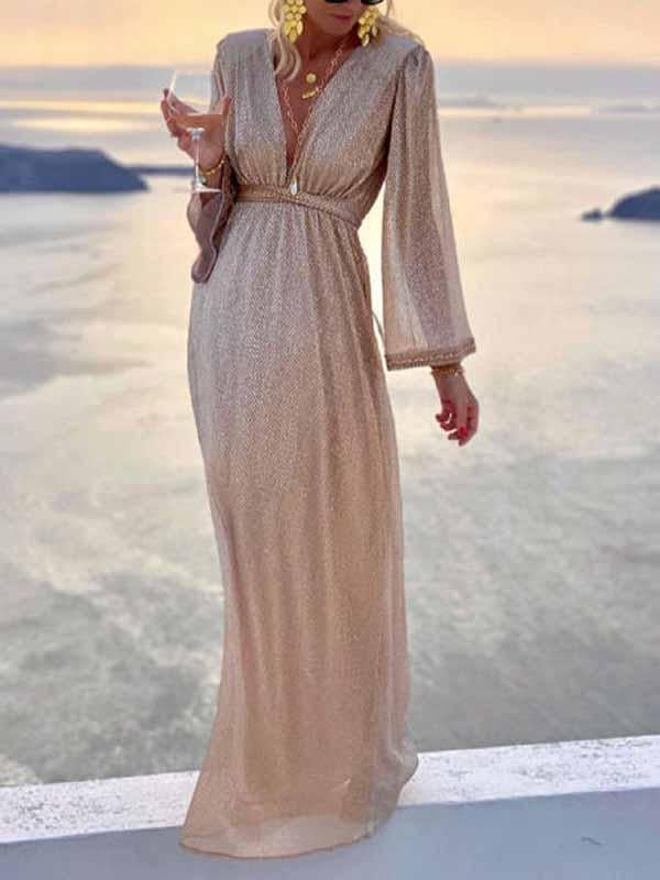 Elegant Shimmer Long Sleeve Maxi Dress with Belted Waist