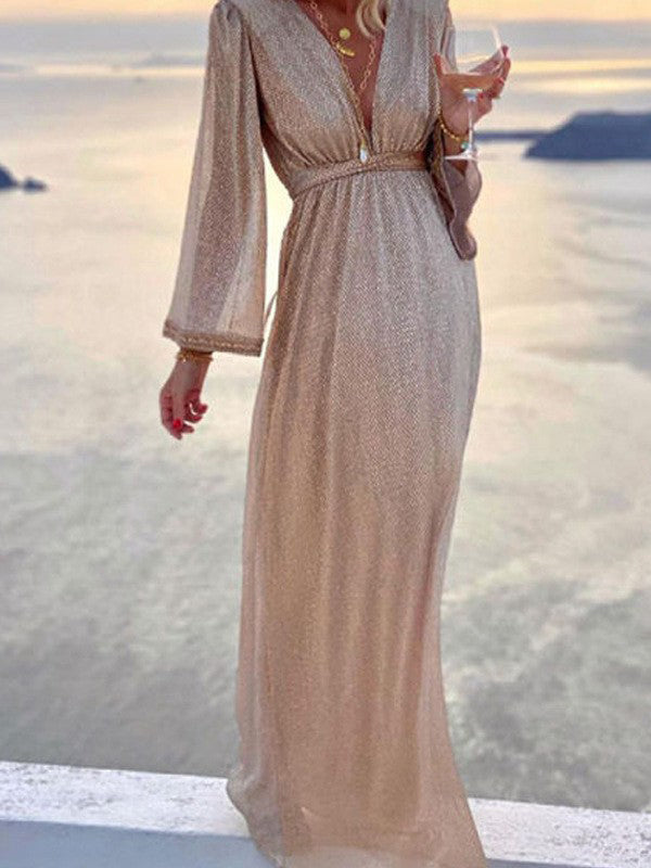 Shimmer Long Sleeve Maxi Dress with Wrap Waist