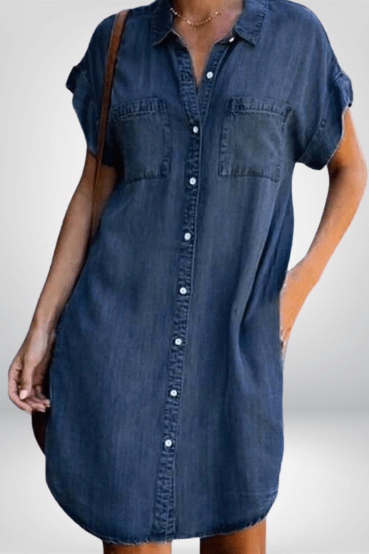Relaxed Button Front Denim Shirt Dress with Short Sleeves and Pockets