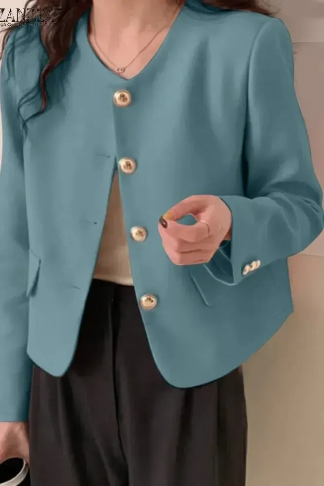 Cropped Tailored Blazer with Round Neck and Button Front