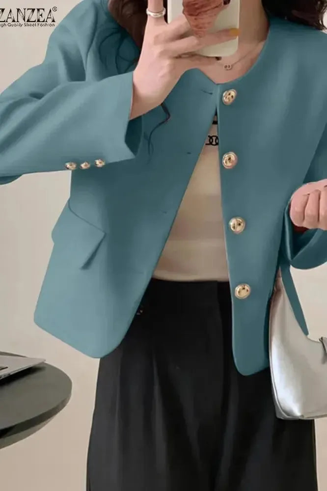 Cropped Tailored Blazer with Round Neck and Button Front