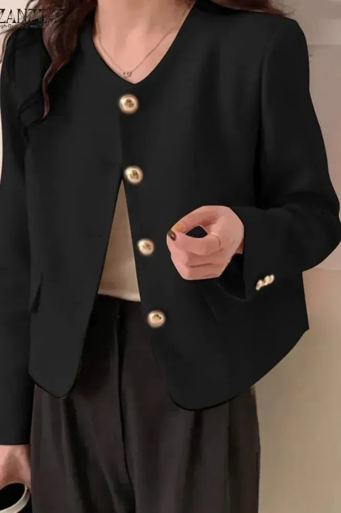 Cropped Tailored Blazer with Round Neck and Button Front