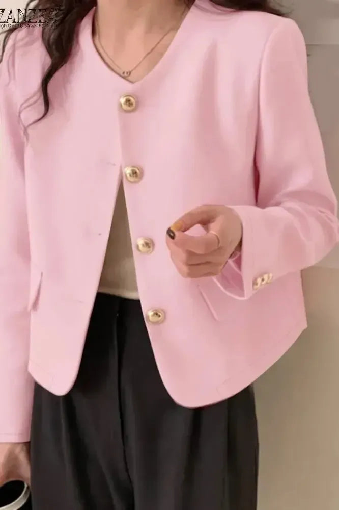 Cropped Tailored Blazer with Round Neck and Button Front