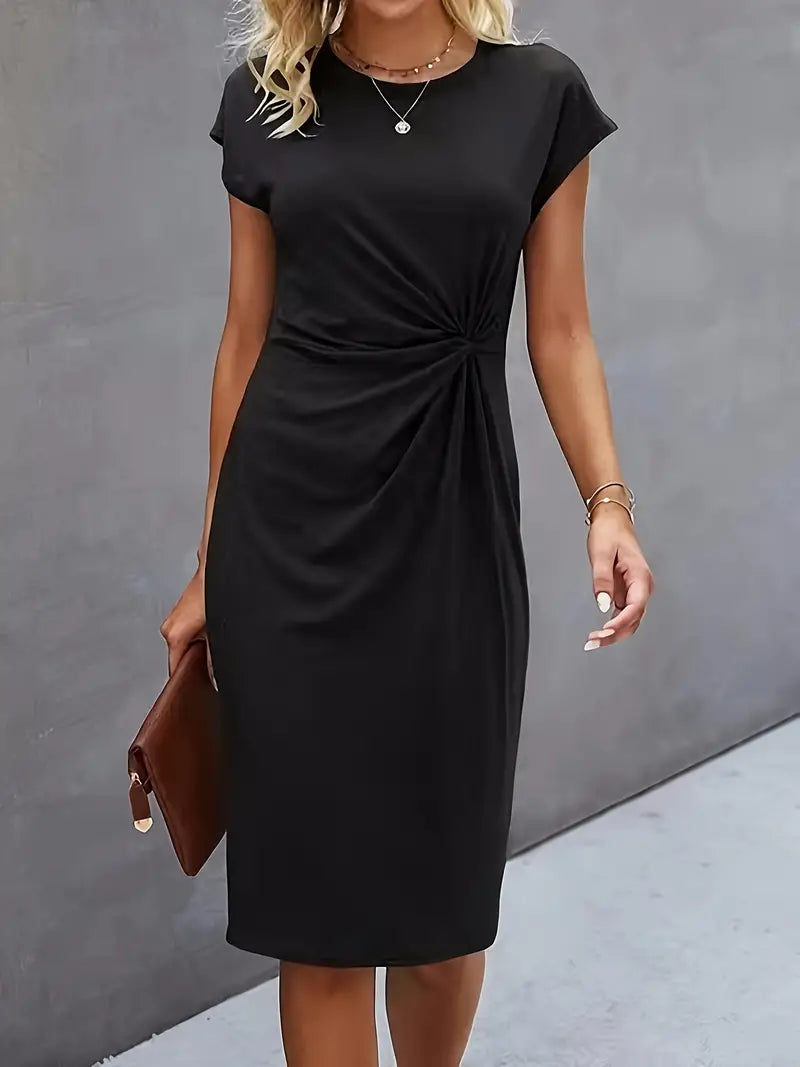 Short Sleeve Twist Front Midi Dress for Elegant Everyday Wear