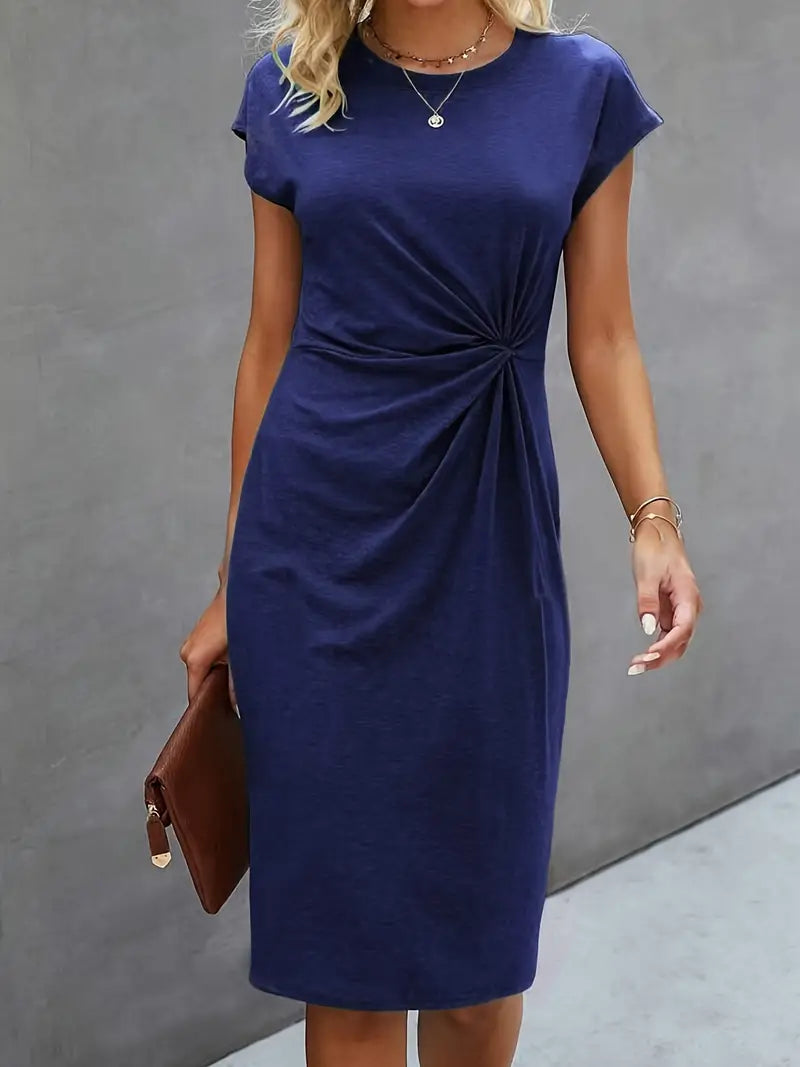 Short Sleeve Twist Front Midi Dress for Elegant Everyday Wear