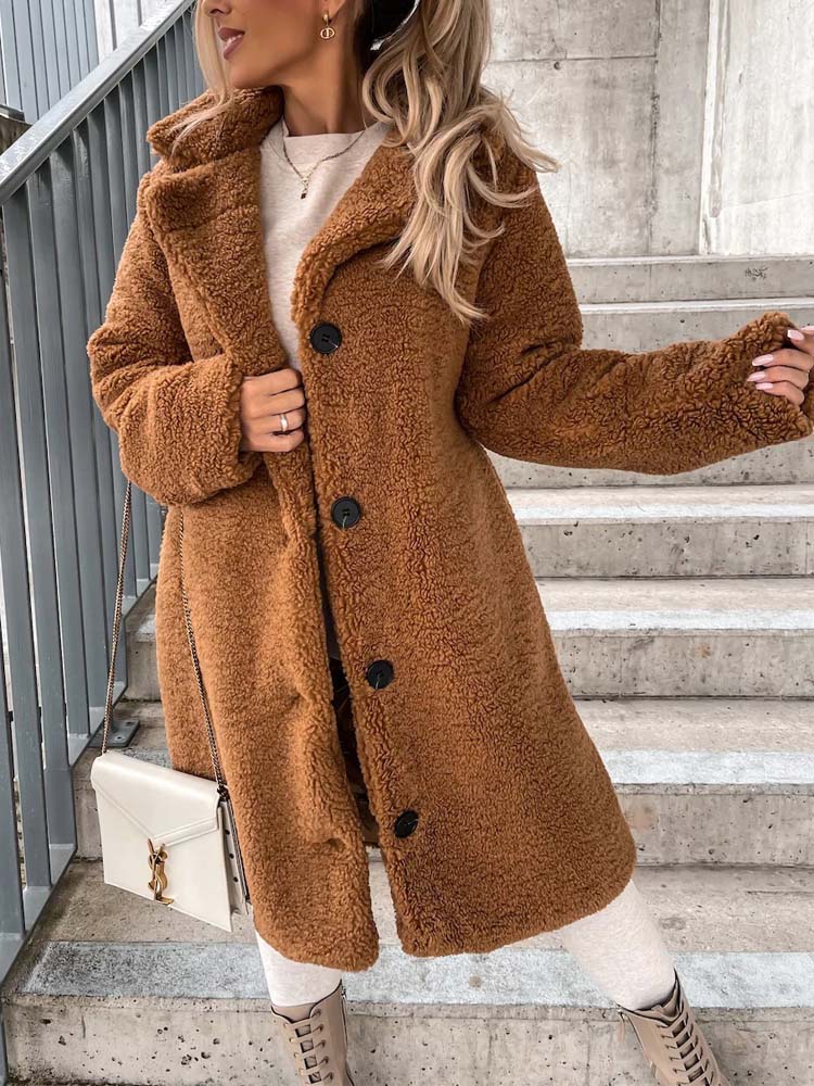 Long Teddy Wool Blend Coat with Button Closure