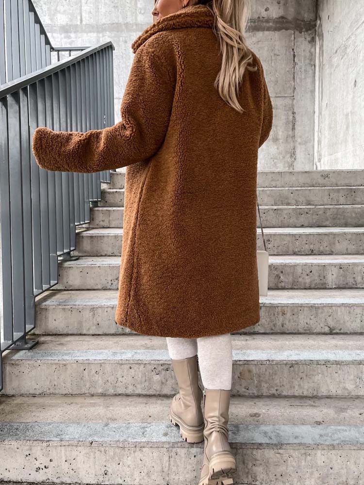 Long Teddy Wool Blend Coat with Button Closure