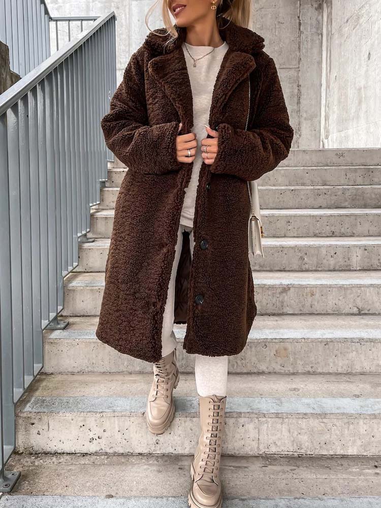 Long Teddy Wool Blend Coat with Button Closure