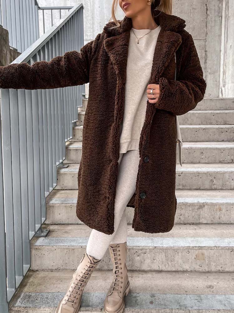Long Teddy Wool Blend Coat with Button Closure
