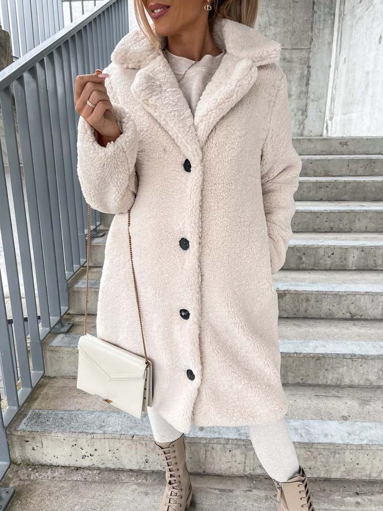 Long Teddy Wool Blend Coat with Button Closure
