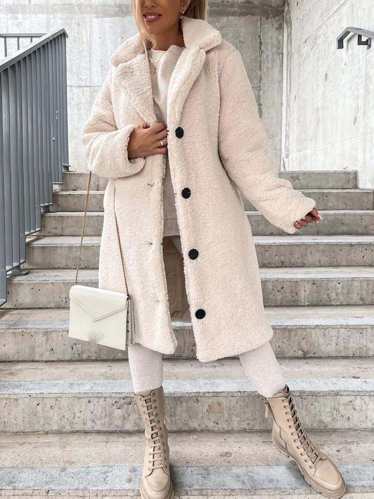 Long Teddy Wool Blend Coat with Button Closure