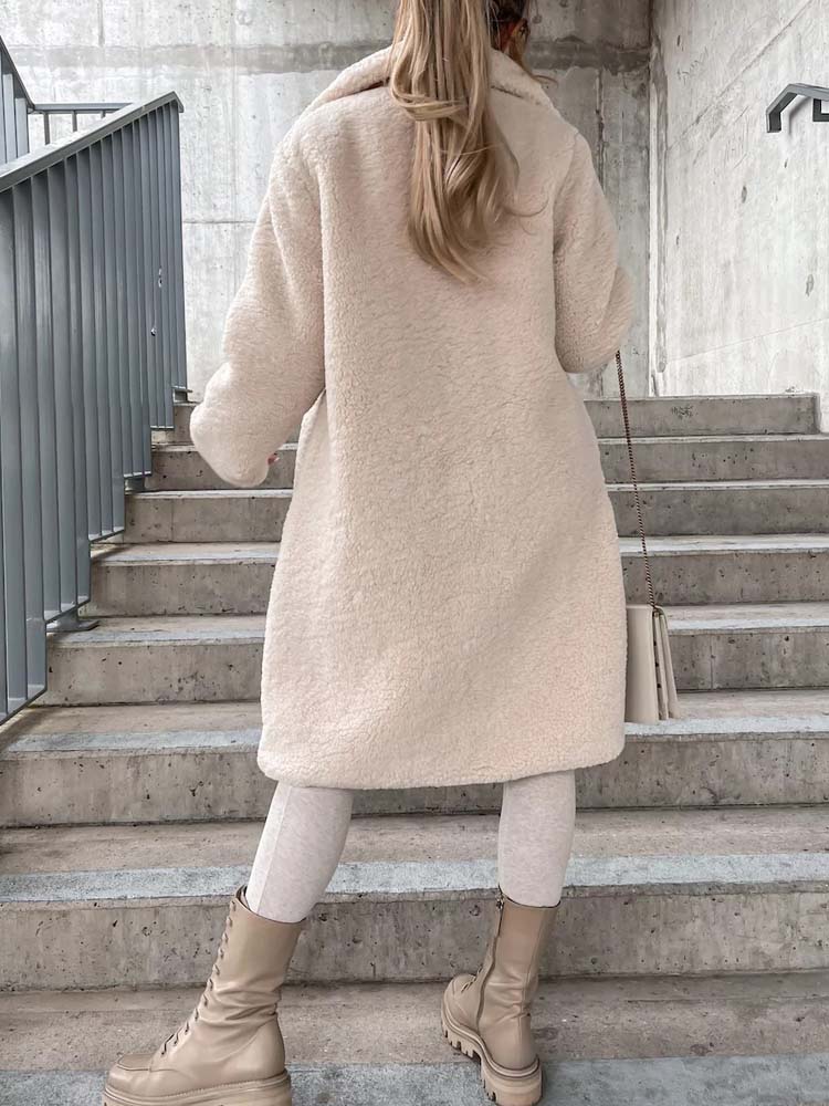 Long Teddy Wool Blend Coat with Button Closure
